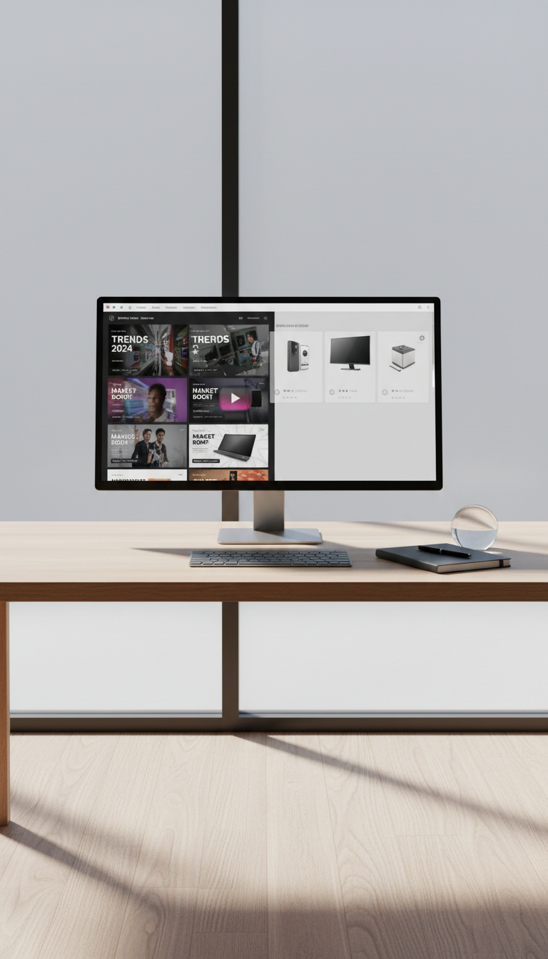 A high-resolution, photorealistic image of a modern desktop workspace featuring a sleek, ultra-thin computer monitor displaying a split-screen interface with short, dynamic video thumbnails and crisp product images layered in subtle overlays. The scene is set on a minimalist, light oak desk with clean lines, surrounded by neutral-toned office accessories such as a silver wireless keyboard, a matte charcoal notebook, and a glass paperweight. Soft, diffused daylight pours through a frosted glass window, casting gentle, elongated shadows that add depth. The atmosphere feels polished and focused, exuding professionalism. Captured at an eye-level angle with balanced composition and sharp focus, the mood is efficient and corporate, perfectly embodying the visual language of contemporary video marketing platforms.