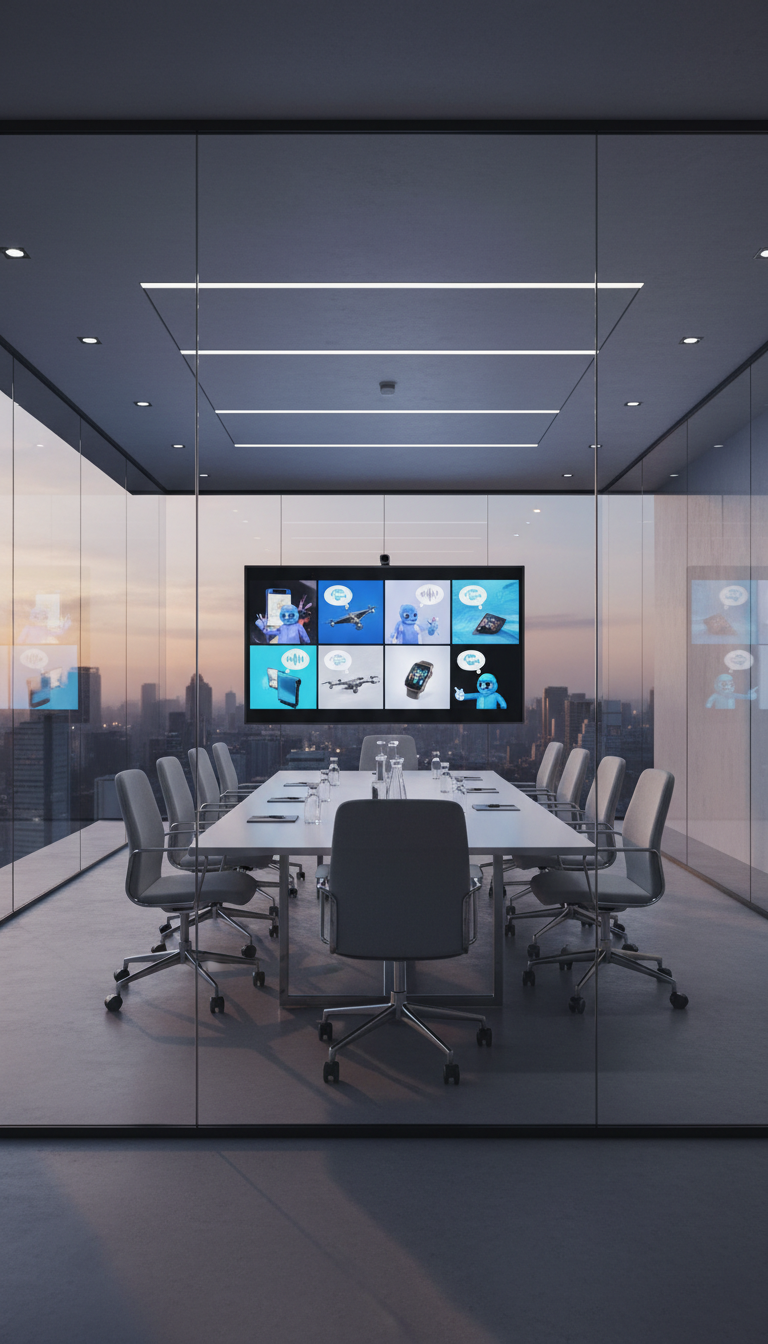 A modern, glass-walled conference room setting with a large, wall-mounted screen displaying a grid of concise, visually engaging product videos, each narrated by an animated avatar. A pristine, matte-finish conference table anchors the composition, surrounded by ergonomic, neutral-toned chairs. Subtle, recessed ceiling lights layer soft, indirect illumination over the room, creating bright highlights on the glass and clean geometric shadows on the floor. The structured layout and balanced composition evoke a sense of corporate teamwork and professionalism, matching the business focus of accelerated video product presentations. The image employs sharp focus throughout, exuding a poised and competent mood with a clean, photorealistic aesthetic.
