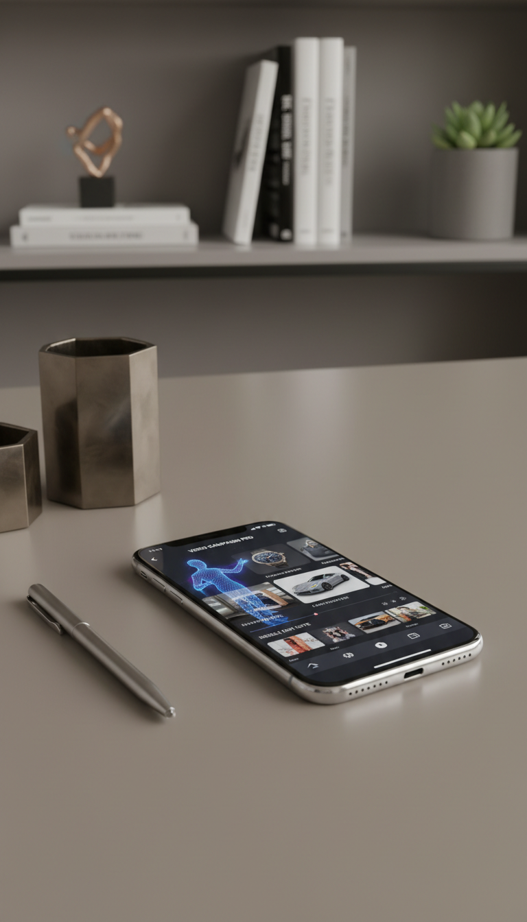 A photorealistic close-up of a state-of-the-art smartphone resting on a smooth, taupe desk surface, its screen highlighting a cutting-edge video marketing app with an animated, digital avatar presenting a rotating carousel of high-end product images. The neutral gray desk is tastefully accented with minimalist metallic accessories—a slim-brushed aluminum pen and a polished desk organizer—while the background fades into an elegant, out-of-focus office shelf. Discreet, natural overhead light creates soft highlights along the phone's edge and gentle, understated shadows. The overall composition relies on asymmetric balance and shallow depth of field, establishing a mood of efficiency and sophisticated modernity tailored for professionals leveraging mobile video marketing.
