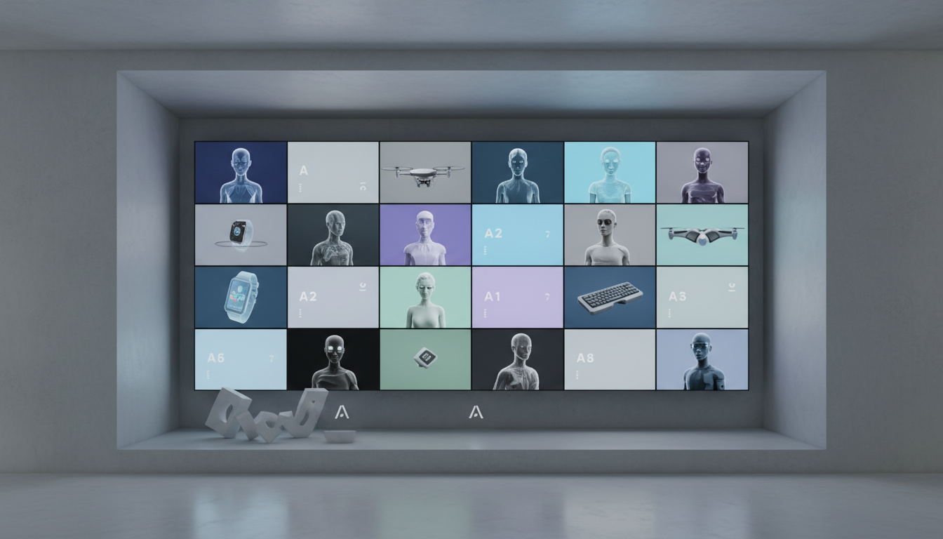 An immaculate digital display backdrop showcasing a curated gallery of ultra-short product demos, each panel featuring a sophisticated, AI-generated avatar presenting detailed items against cleverly composited, gradient-neutral backgrounds. The entire display sits in a minimalist, architectural alcove with light gray walls, balanced by the subtle presence of sculptural corporate decor. Even, ambient LED lighting wraps the space in a cool, consistent glow, ensuring precise visual clarity with no harsh contrasts. The camera frame is wide and straight-on, utilizing the rule of thirds to guide the viewer’s attention and evoke a sense of streamlined corporate order. The overall effect is clean, technologically advanced, and highly relevant to modern professional video marketing strategies.